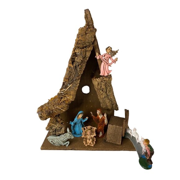 Vintage Italian Nativity Presepio Painted Figurines Rustic Wooden Stable Vtg